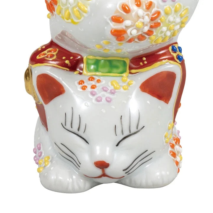 Kutani Yaki(ware) Japanese Maneki-Neko (Beckoning Cat) Figure - Handstand / Flower -, Japanese lucky cat figure