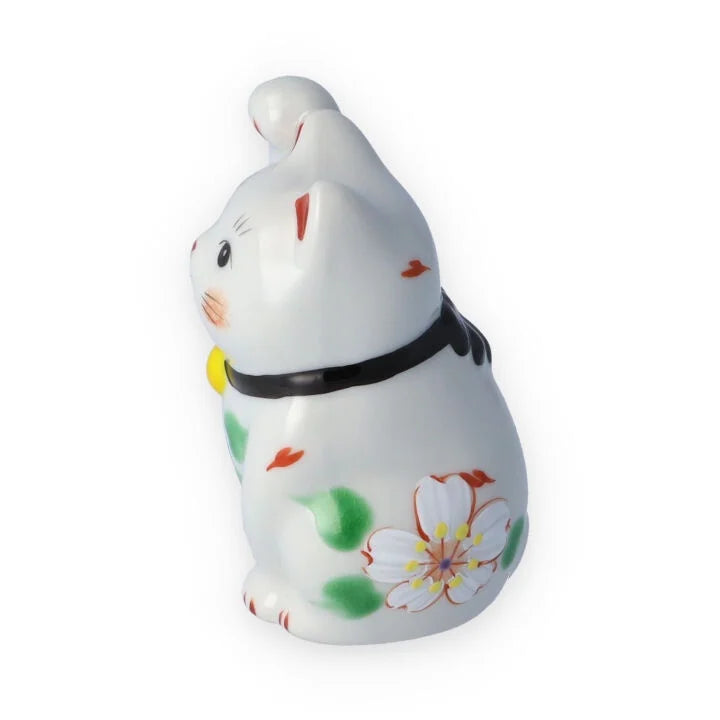 Kutani Yaki(ware) Japanese Maneki-Neko (Beckoning Cat) Figure - Flower / Blue -, Japanese lucky cat figure