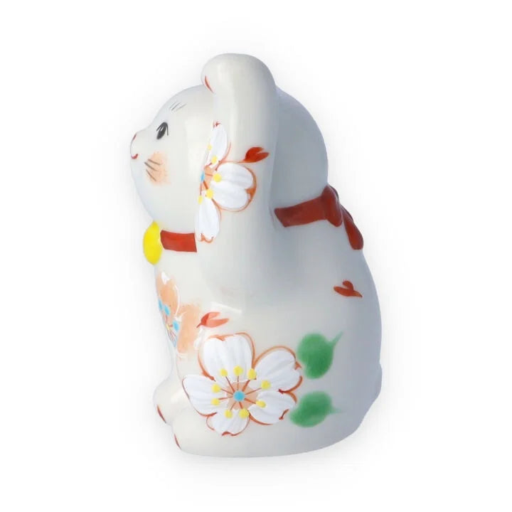 Kutani Yaki(ware) Japanese Maneki-Neko (Beckoning Cat) Figure - Flower / Red -, Japanese lucky cat figure