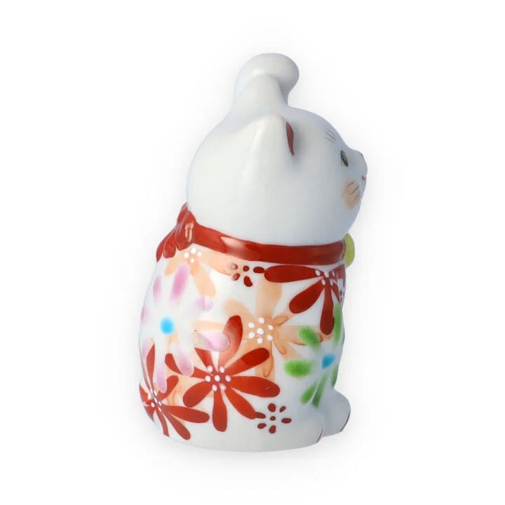 Kutani Yaki(ware) Japanese Maneki-Neko (Beckoning Cat) Figure - Flower / Red -, Japanese lucky cat figure