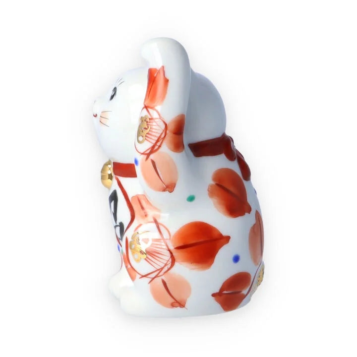 Kutani Yaki(ware) Japanese Maneki-Neko (Beckoning Cat) Figure - Camellia / Red -, Japanese lucky cat figure