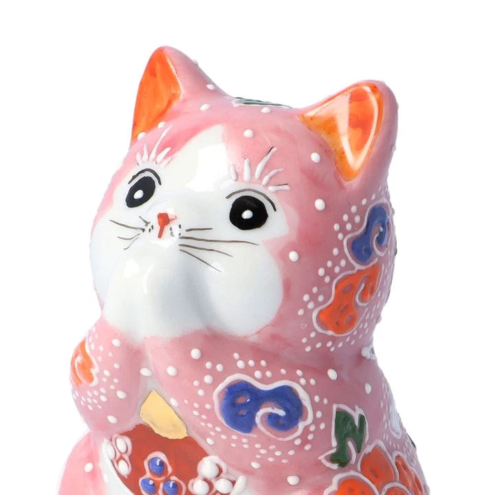 Kutani Yaki(ware) Japanese Maneki-Neko (Beckoning Cat) Figure - Praying / Pink -, Japanese lucky cat figure