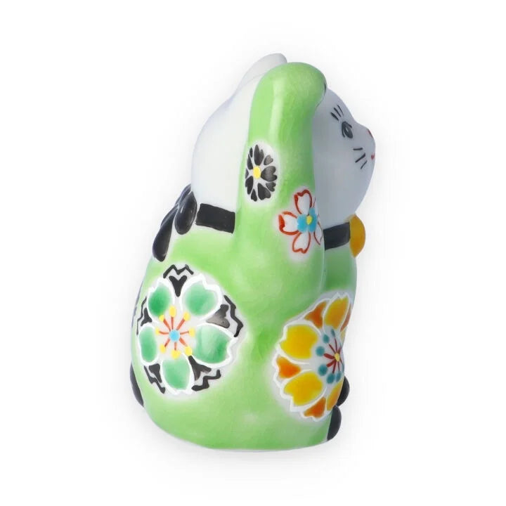 Kutani Yaki(ware) Japanese Maneki-Neko (Beckoning Cat) Figure - Cherry Blossom / Green -, Japanese lucky cat figure
