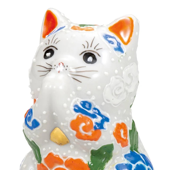 Kutani Yaki(ware) Japanese Maneki-Neko (Beckoning Cat) Figure - Praying / White -, Japanese lucky cat figure