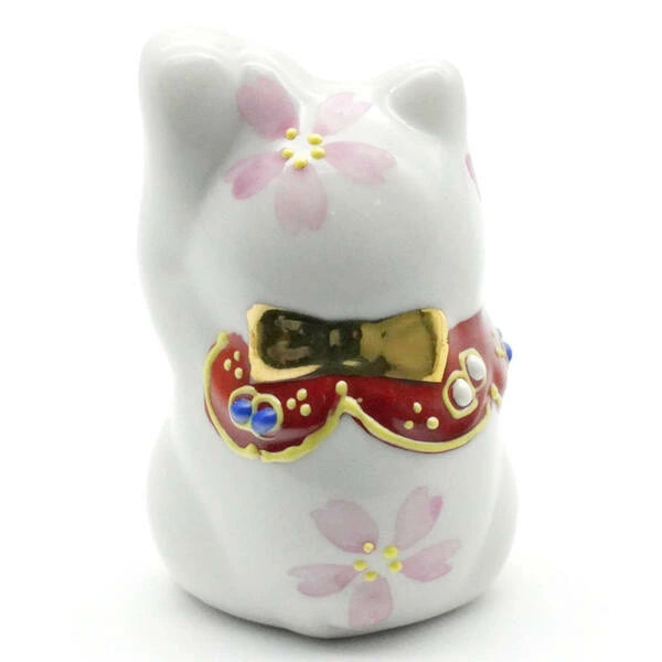 Kutani Yaki(ware) Japanese Mini Maneki-Neko (Beckoning Cat) Figure - Cherry Blossom / Pink / Left Hand -, Japanese lucky cat figure