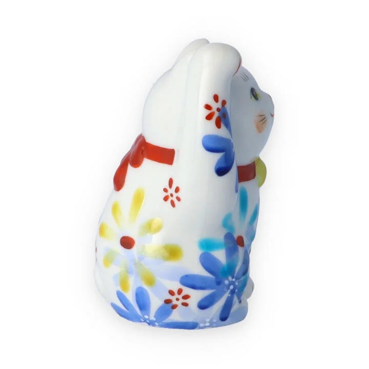 Kutani Yaki(ware) Japanese Maneki-Neko (Beckoning Cat) Figure - Flower / Blue -, Japanese lucky cat figure