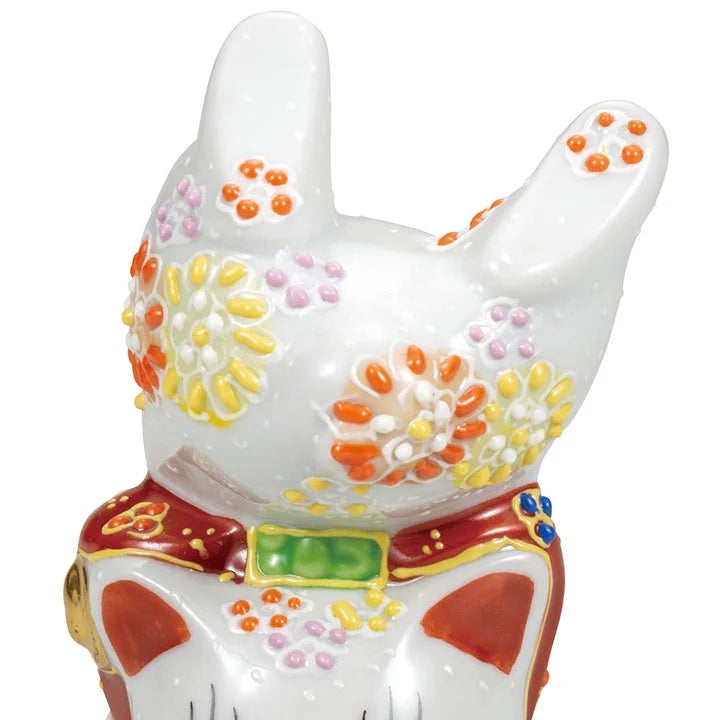 Kutani Yaki(ware) Japanese Maneki-Neko (Beckoning Cat) Figure - Handstand / Flower -, Japanese lucky cat figure