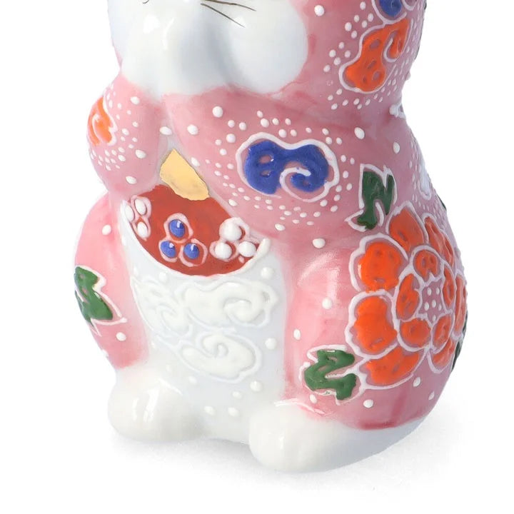 Kutani Yaki(ware) Japanese Maneki-Neko (Beckoning Cat) Figure - Praying / Pink -, Japanese lucky cat figure