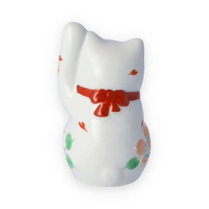 Kutani Yaki(ware) Japanese Maneki-Neko (Beckoning Cat) Figure - Flower / Red -, Japanese lucky cat figure