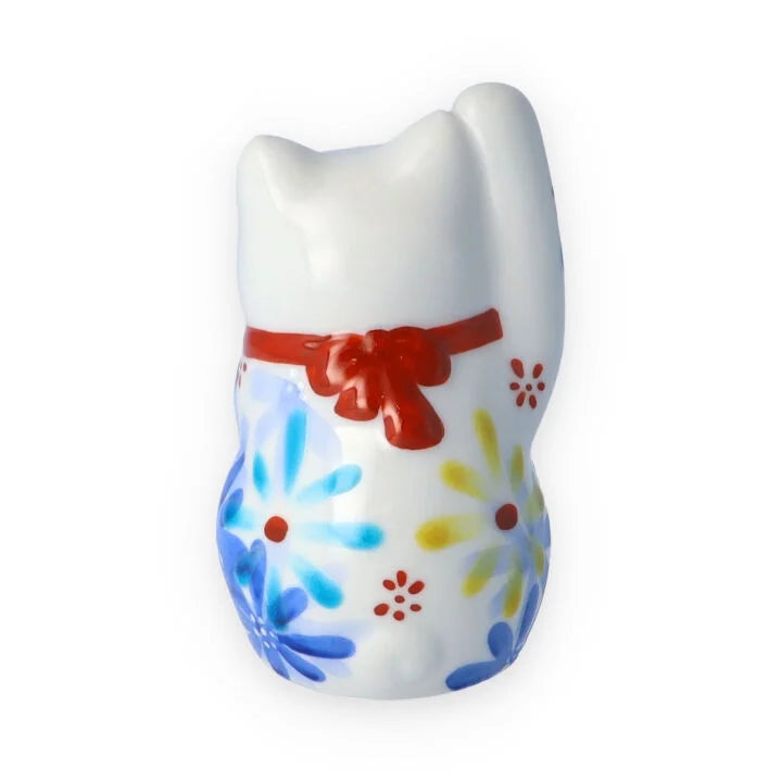 Kutani Yaki(ware) Japanese Maneki-Neko (Beckoning Cat) Figure - Flower / Blue -, Japanese lucky cat figure
