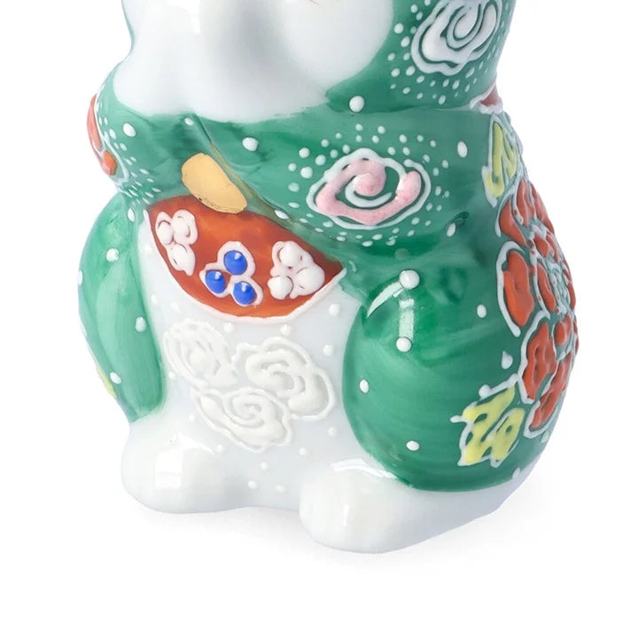 Kutani Yaki(ware) Japanese Maneki-Neko (Beckoning Cat) Figure - Praying / Green -, Japanese lucky cat figure