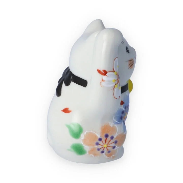 Kutani Yaki(ware) Japanese Maneki-Neko (Beckoning Cat) Figure - Flower / Blue -, Japanese lucky cat figure
