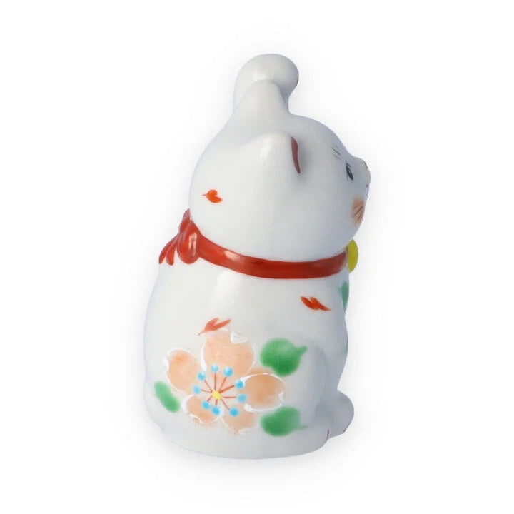 Kutani Yaki(ware) Japanese Maneki-Neko (Beckoning Cat) Figure - Flower / Red -, Japanese lucky cat figure