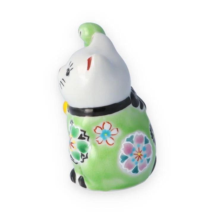 Kutani Yaki(ware) Japanese Maneki-Neko (Beckoning Cat) Figure - Cherry Blossom / Green -, Japanese lucky cat figure