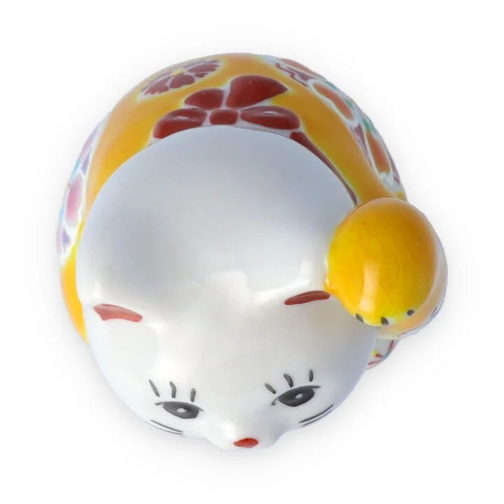 Kutani Yaki(ware) Japanese Maneki-Neko (Beckoning Cat) Figure - Cherry Blossom / Yellow -, Japanese lucky cat figure