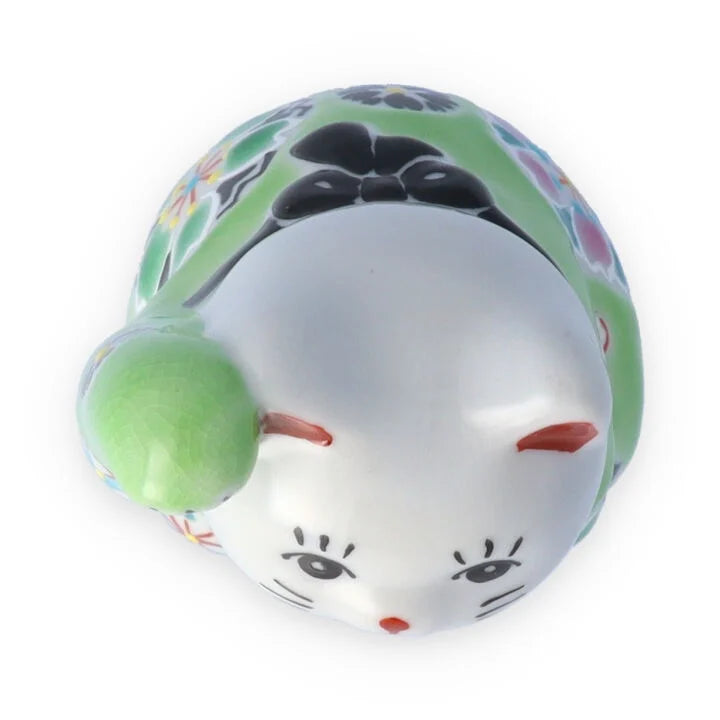 Kutani Yaki(ware) Japanese Maneki-Neko (Beckoning Cat) Figure - Cherry Blossom / Green -, Japanese lucky cat figure