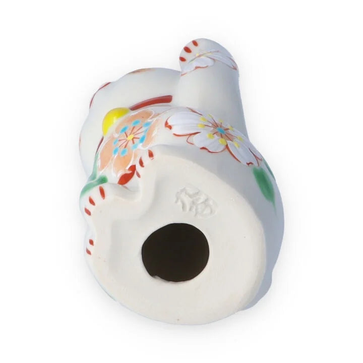 Kutani Yaki(ware) Japanese Maneki-Neko (Beckoning Cat) Figure - Flower / Red -, Japanese lucky cat figure
