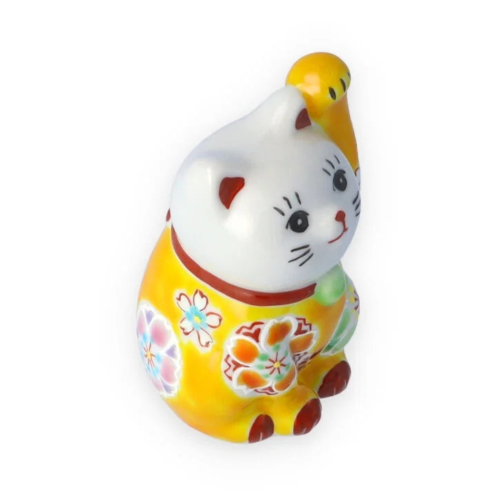 Kutani Yaki(ware) Japanese Maneki-Neko (Beckoning Cat) Figure - Cherry Blossom / Yellow -, Japanese lucky cat figure