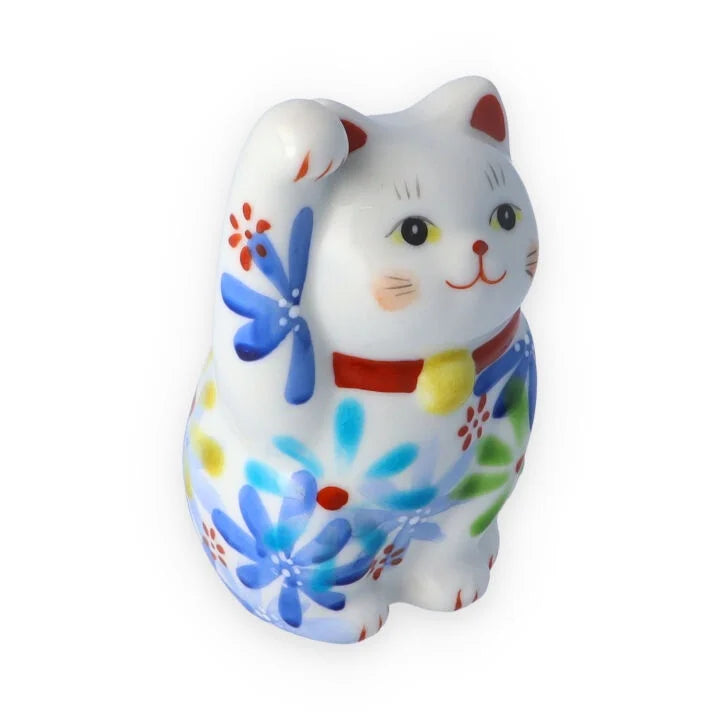 Kutani Yaki(ware) Japanese Maneki-Neko (Beckoning Cat) Figure - Flower / Blue -, Japanese lucky cat figure