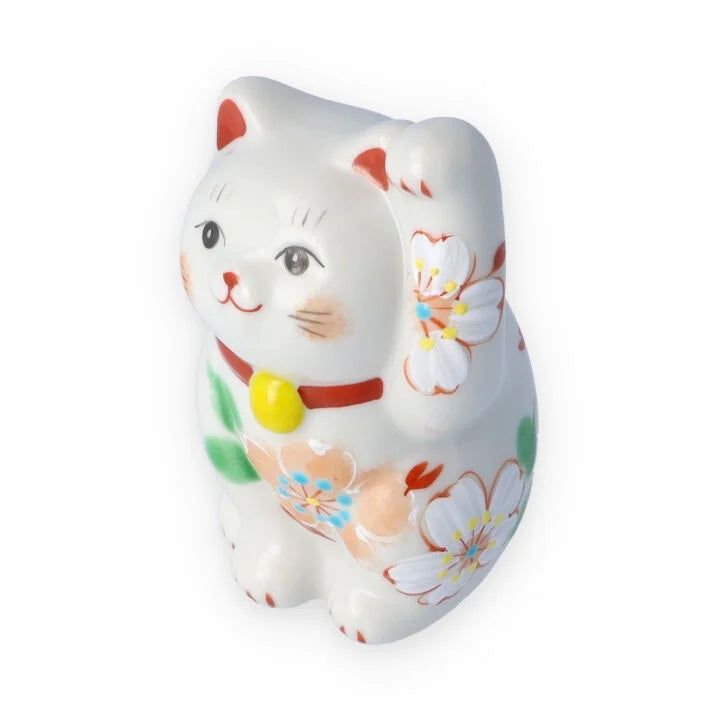 Kutani Yaki(ware) Japanese Maneki-Neko (Beckoning Cat) Figure - Flower / Red -, Japanese lucky cat figure
