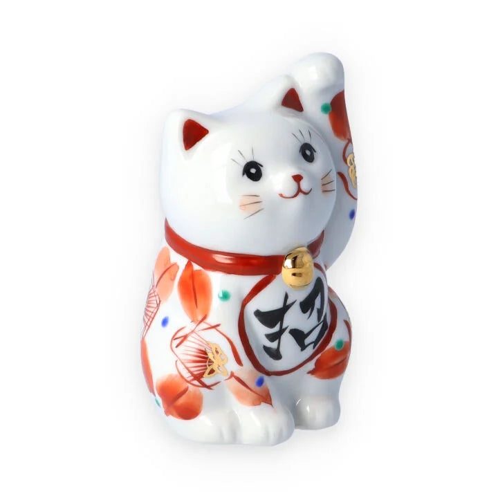 Kutani Yaki(ware) Japanese Maneki-Neko (Beckoning Cat) Figure - Camellia / Red -, Japanese lucky cat figure