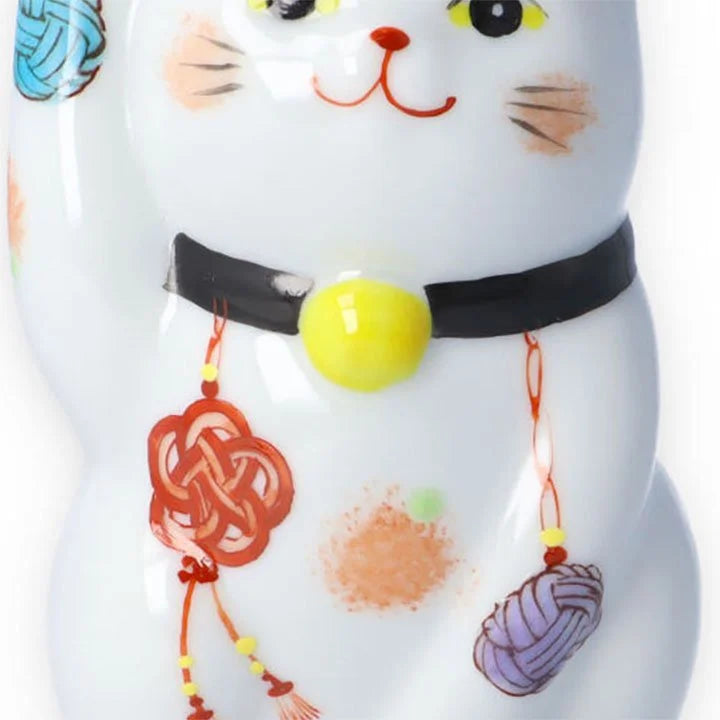 Kutani Yaki(ware) Japanese Maneki-Neko (Beckoning Cat) Figure - Mizuhiki(Traditional Japanese Decorative Knot Tying) / Black -, Japanese lucky cat figure