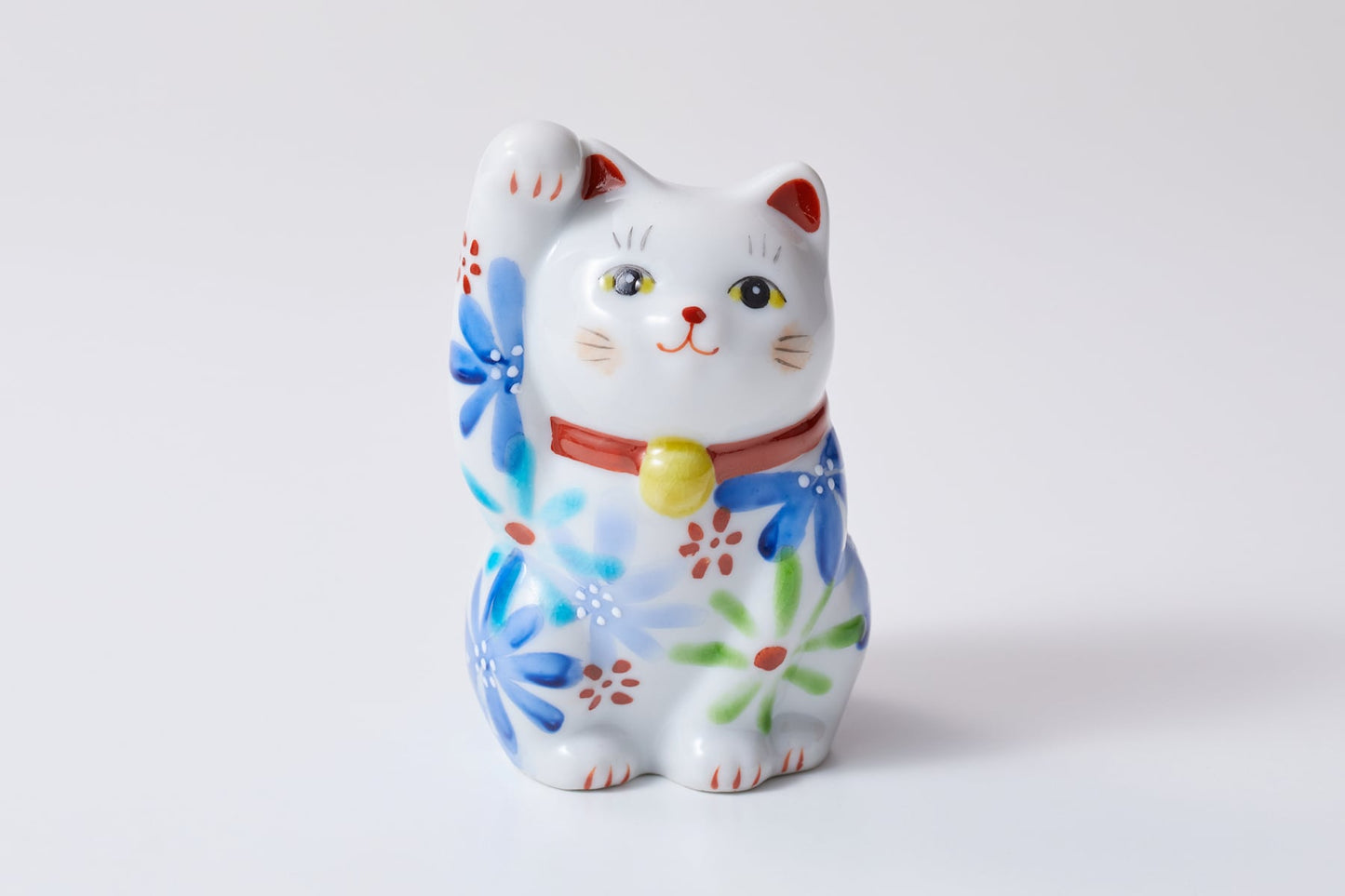 Kutani Yaki(ware) Japanese Maneki-Neko (Beckoning Cat) Figure - Flower / Blue -, Japanese lucky cat figure
