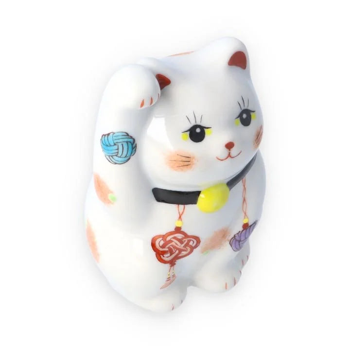 Kutani Yaki(ware) Japanese Maneki-Neko (Beckoning Cat) Figure - Mizuhiki(Traditional Japanese Decorative Knot Tying) / Black -, Japanese lucky cat figure