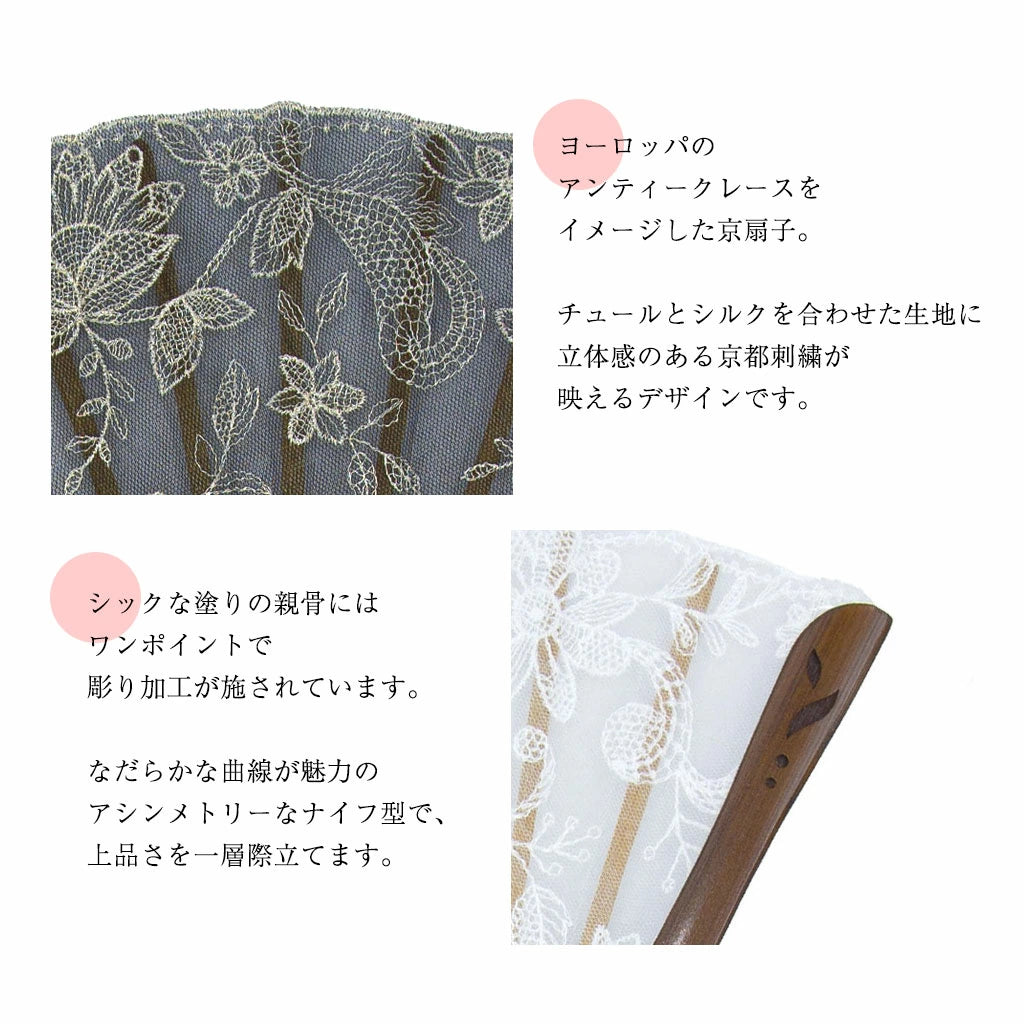 Kyo-sensu (Japanese folding fan) for Women - Silk Lace / Powder Blue - , Made in Kyoto, Japan , Kyoto sensu