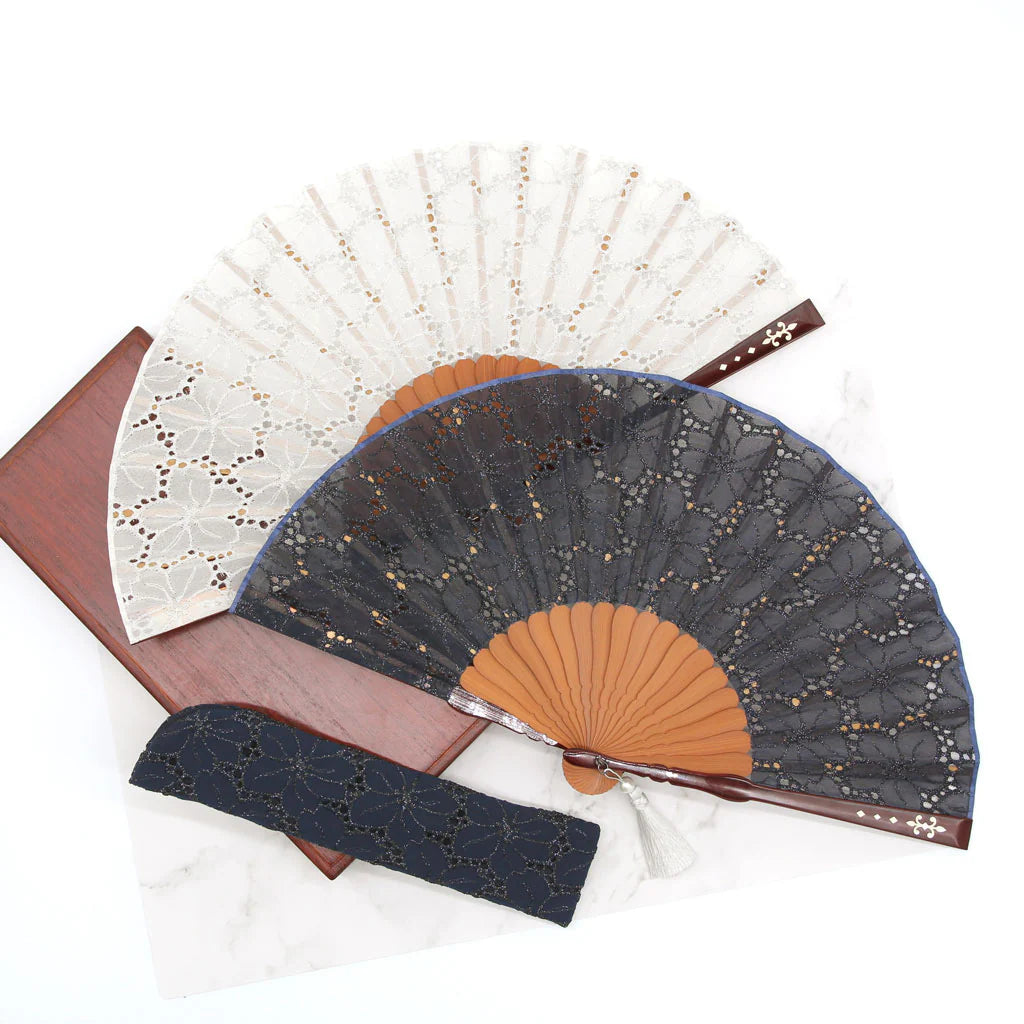 Kyo-sensu (Japanese folding fan) for Women - Lace Fabric / Navy Blue - , Made in Kyoto, Japan , Kyoto sensu
