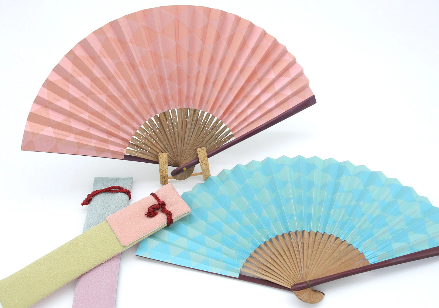 Reversible Kyo-sensu (Japanese folding fan) for Women - Ichimatsu pattern (Japanese Checkered Pattern) / Blue and Light Purple - , Made in Kyoto, Japan , Kyoto sensu