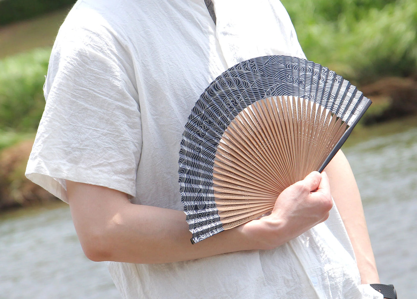 Kyo-sensu (Japanese folding fan) for Men - Wave Pattern / Navy Blue - , Made in Kyoto, Japan , Kyoto sensu