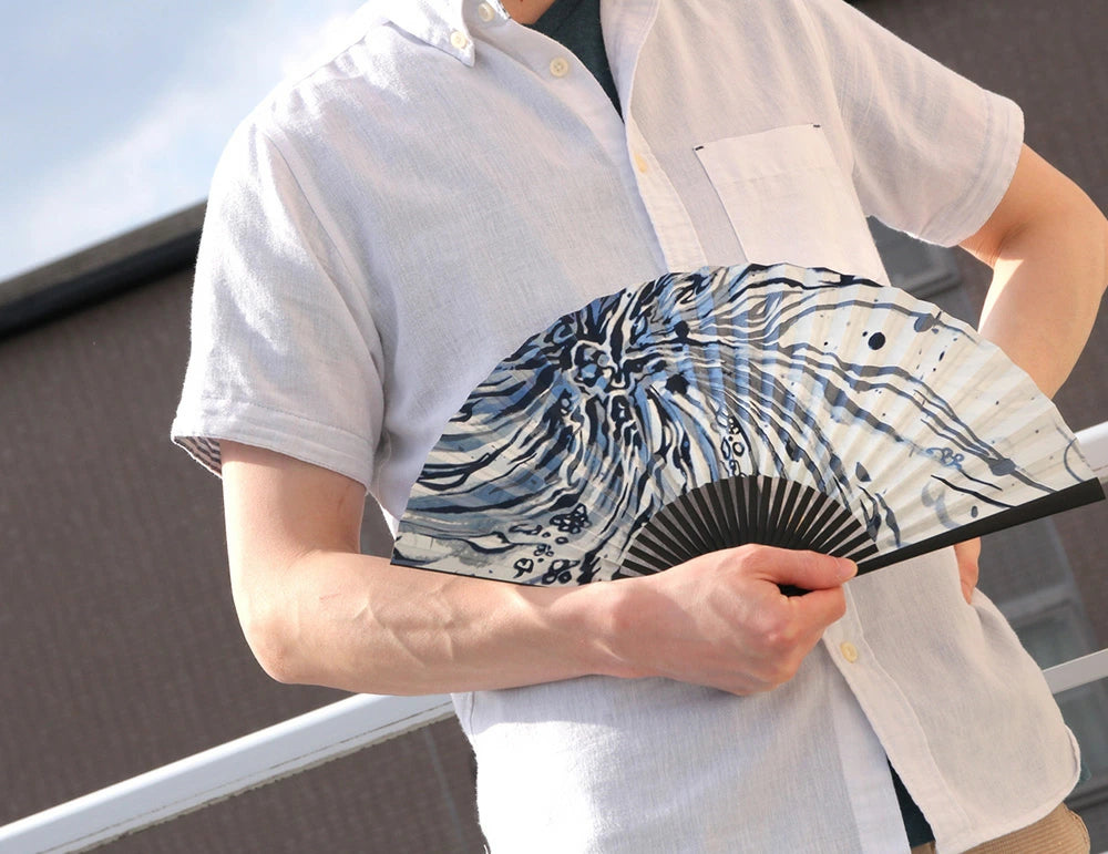 Kyo-sensu (Japanese folding fan) for Men - Line Art / Navy Blue - , Made in Kyoto, Japan , Kyoto sensu
