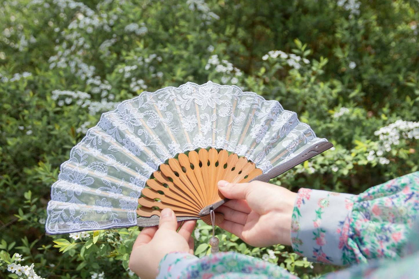 Kyo-sensu (Japanese folding fan) for Women - Silk Lace / Powder Blue - , Made in Kyoto, Japan , Kyoto sensu