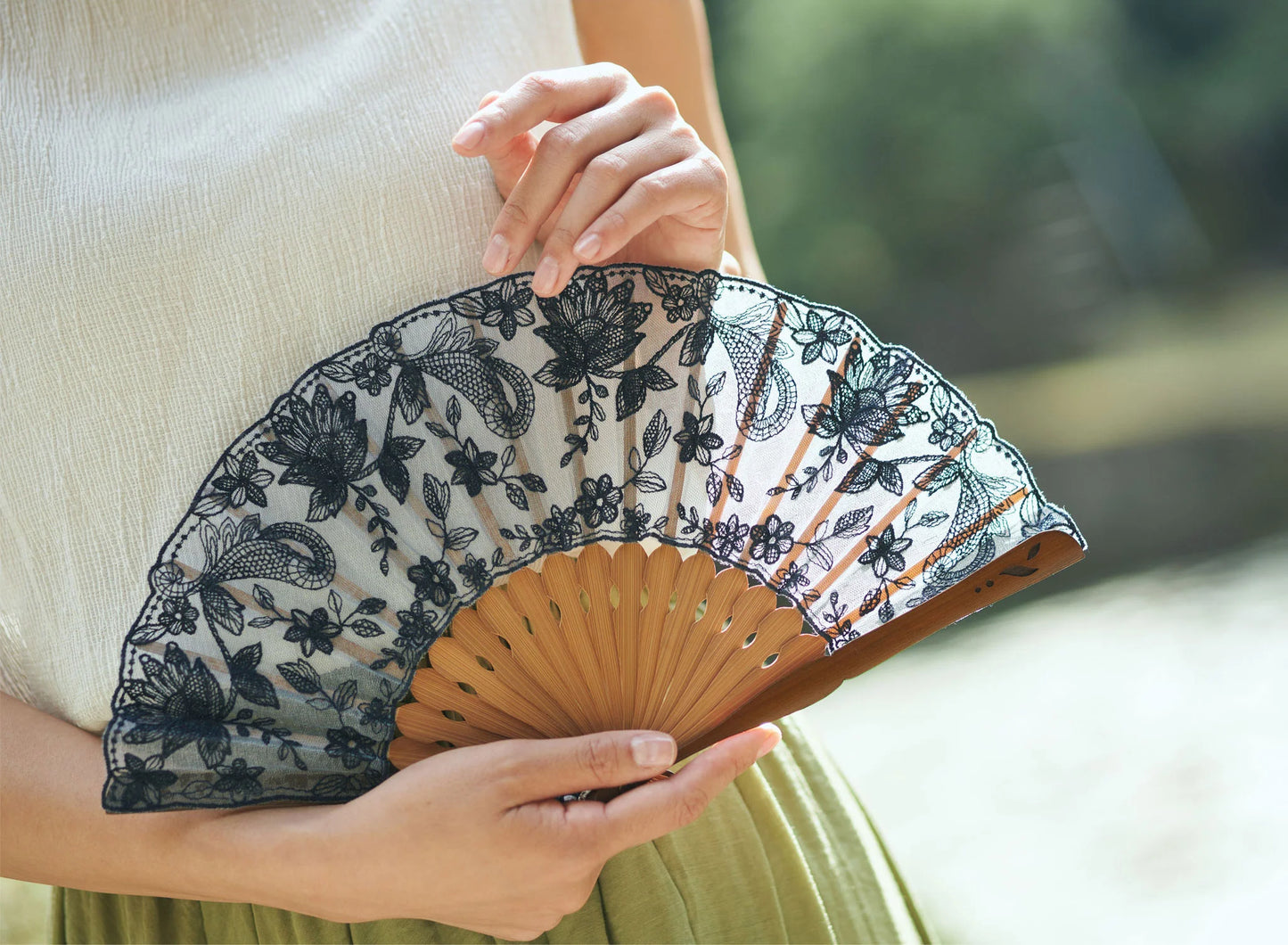 Kyo-sensu (Japanese folding fan) for Women - Silk Lace / Powder Blue - , Made in Kyoto, Japan , Kyoto sensu