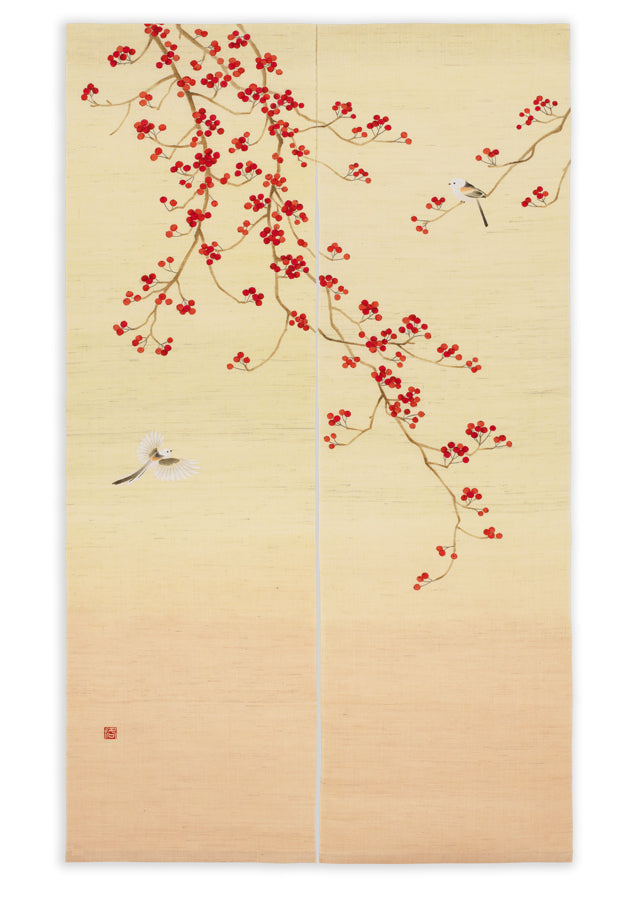 Hand-dyed Linen Noren (Japanese Doorway Curtain) - Japanese Winterberry - , Kyoto Noren