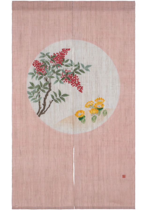 Hand-dyed Linen Noren (Japanese Doorway Curtain) - Nandina Domestica and Adonis Ramosa - , Kyoto Noren
