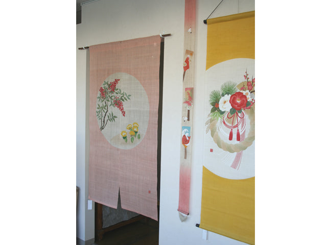 Hand-dyed Linen Noren (Japanese Doorway Curtain) - Nandina Domestica and Adonis Ramosa - , Kyoto Noren