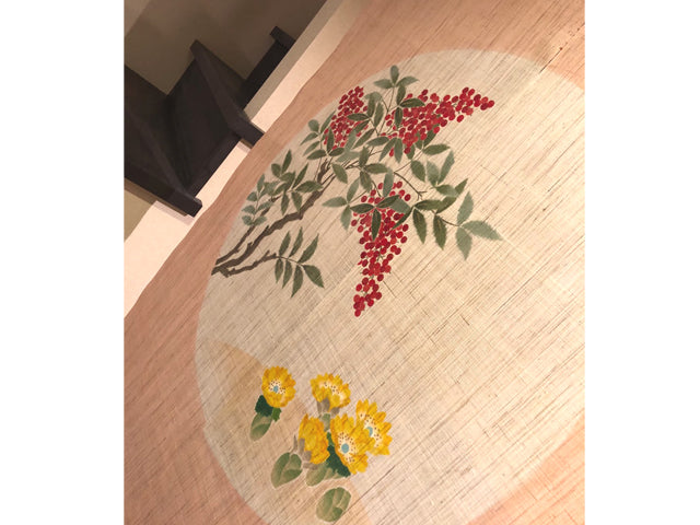 Hand-dyed Linen Noren (Japanese Doorway Curtain) - Nandina Domestica and Adonis Ramosa - , Kyoto Noren