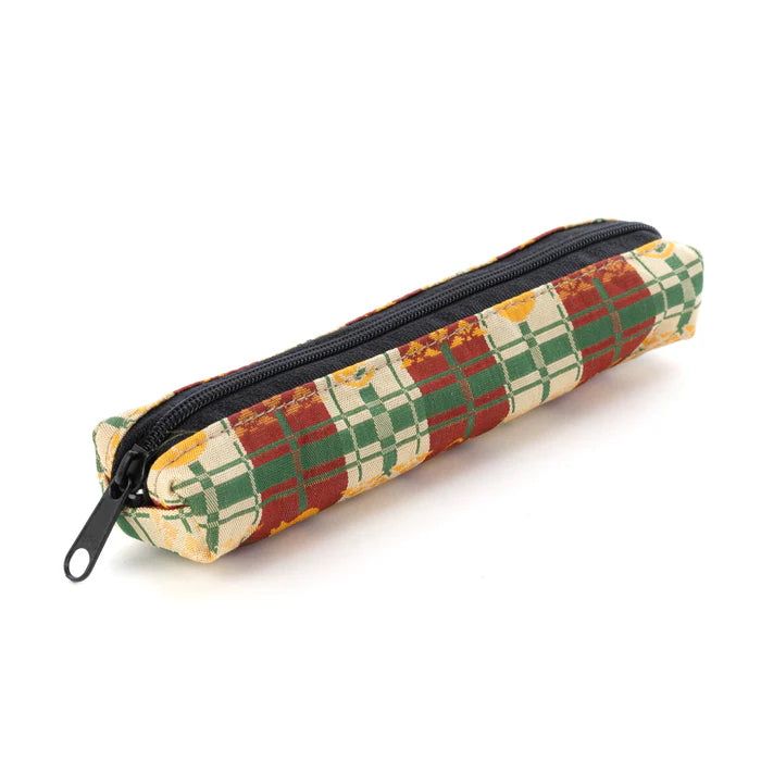 Nishijin-ori Pencil Case - Good-Luck Cat and Cross Stripes Pattern / Brown - , Made in Kyoto, Japan, Japanese traditional craft pen case