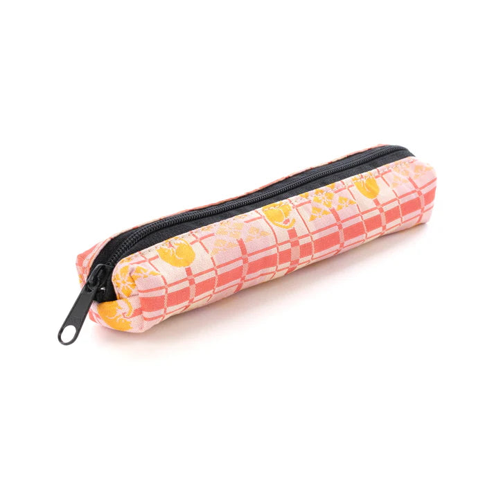 Nishijin-ori Pencil Case - Good-Luck Cat and Cross Stripes Pattern / Pink - , Made in Kyoto, Japan, Japanese traditional craft pen case
