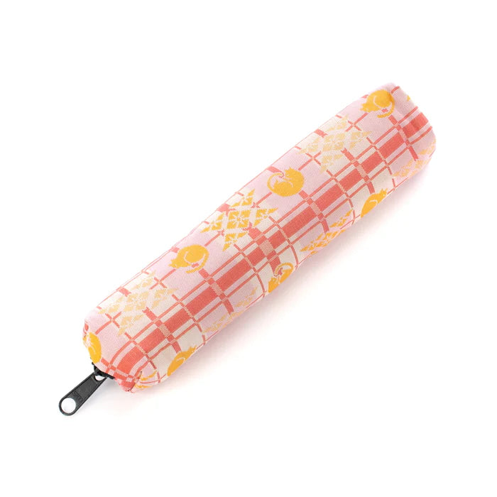Nishijin-ori Pencil Case - Good-Luck Cat and Cross Stripes Pattern / Pink - , Made in Kyoto, Japan, Japanese traditional craft pen case