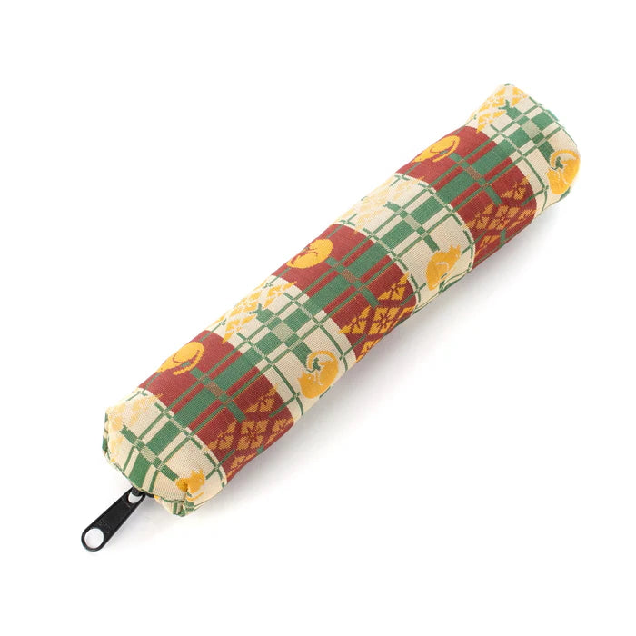 Nishijin-ori Pencil Case - Good-Luck Cat and Cross Stripes Pattern / Brown - , Made in Kyoto, Japan, Japanese traditional craft pen case