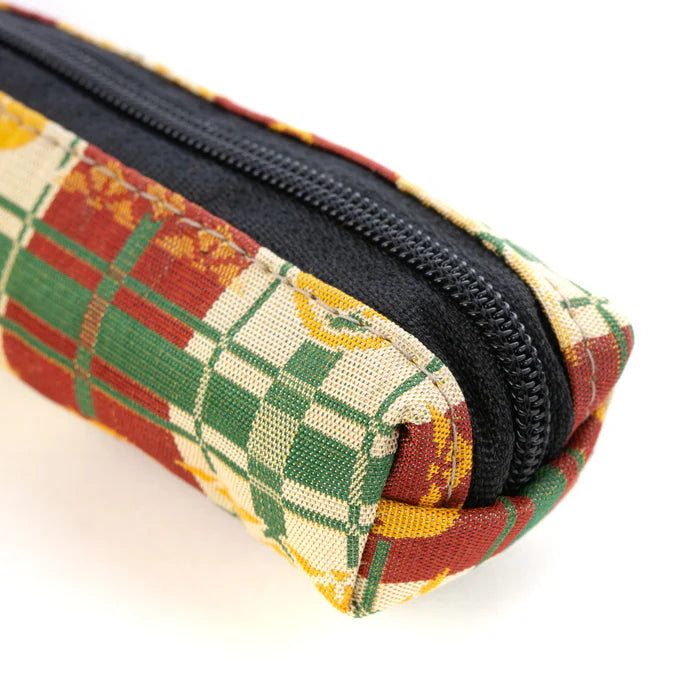 Nishijin-ori Pencil Case - Good-Luck Cat and Cross Stripes Pattern / Brown - , Made in Kyoto, Japan, Japanese traditional craft pen case