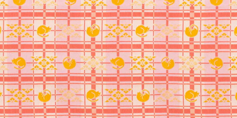 Nishijin-ori Pencil Case - Good-Luck Cat and Cross Stripes Pattern / Pink - , Made in Kyoto, Japan, Japanese traditional craft pen case