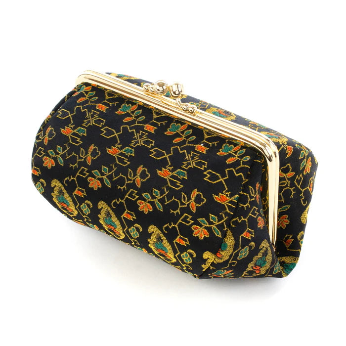 Nishijin-ori Small Pouch - Flower, Fruit, and Tree / Black -, Made in Kyoto, Japan, Cosmetic Pouch, Makeup Pouch, Japanese Gamaguchi Pouch, Travel Toiletry Pouch, Stationery Pouch, Bag organizer, Bag in Bag