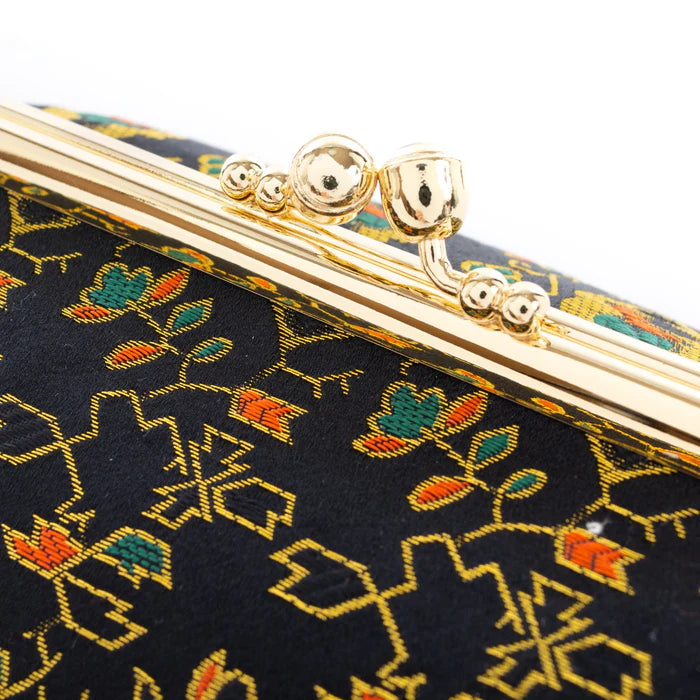 Nishijin-ori Small Pouch - Flower, Fruit, and Tree / Black -, Made in Kyoto, Japan, Cosmetic Pouch, Makeup Pouch, Japanese Gamaguchi Pouch, Travel Toiletry Pouch, Stationery Pouch, Bag organizer, Bag in Bag