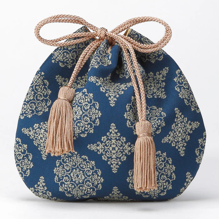 Nishijin-ori Small Drawstring Bag - Flower / Navy Blue -, Made in Kyoto, Japan, Japanese traditional craft purse
