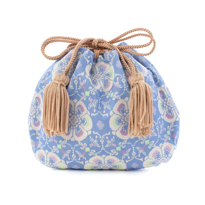 Nishijin-ori Small Drawstring Bag - Flower and Bird / Pale Blue -, Made in Kyoto, Japan, Japanese traditional craft purse