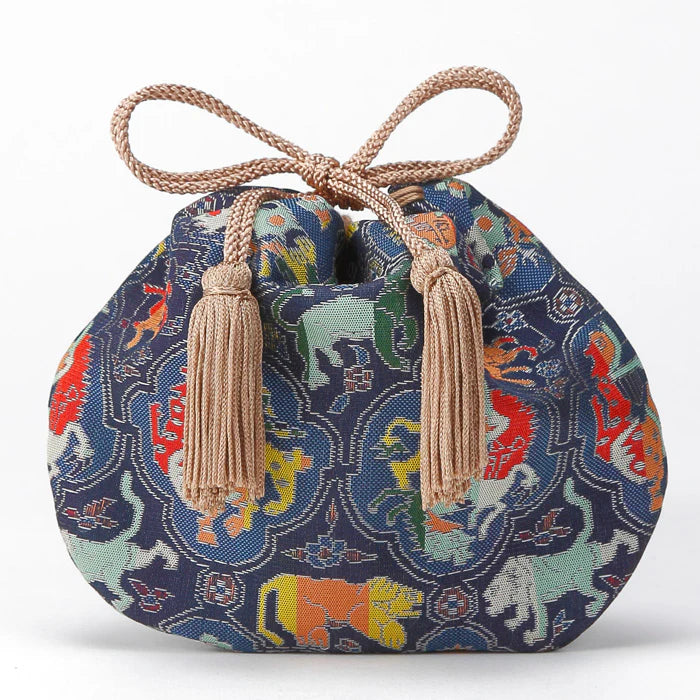 Nishijin-ori Small Drawstring Bag - Biting Lions, Birds, and Miscellaneous Animal / Navy Blue -, Made in Kyoto, Japan, Japanese traditional craft purse